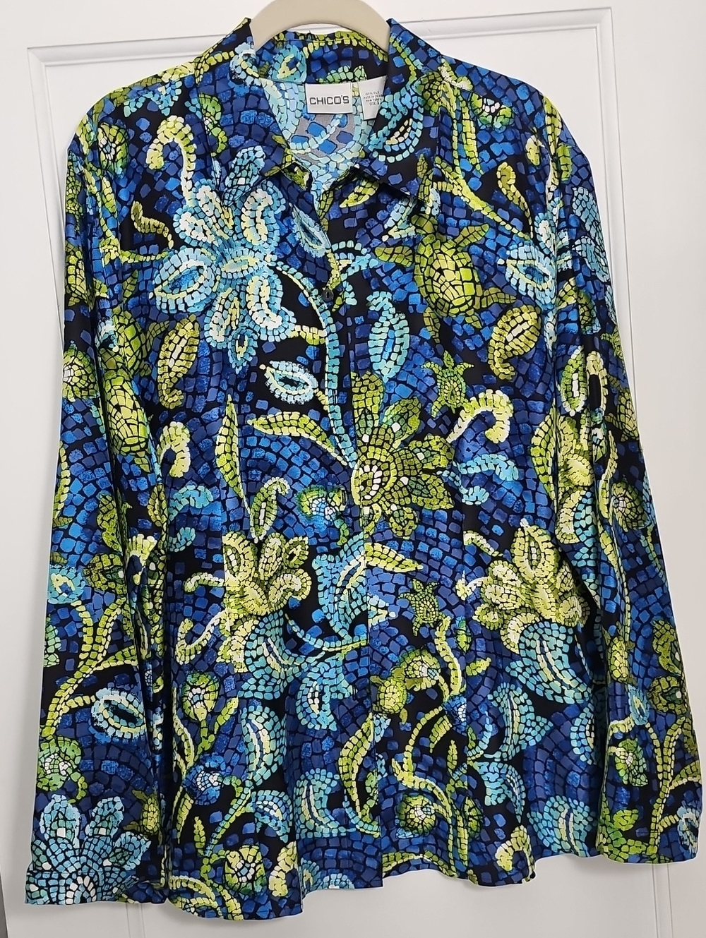 Chico's Blue, Green & Lime Mosaic Floral Button-Down Shirt Size 3 Silk